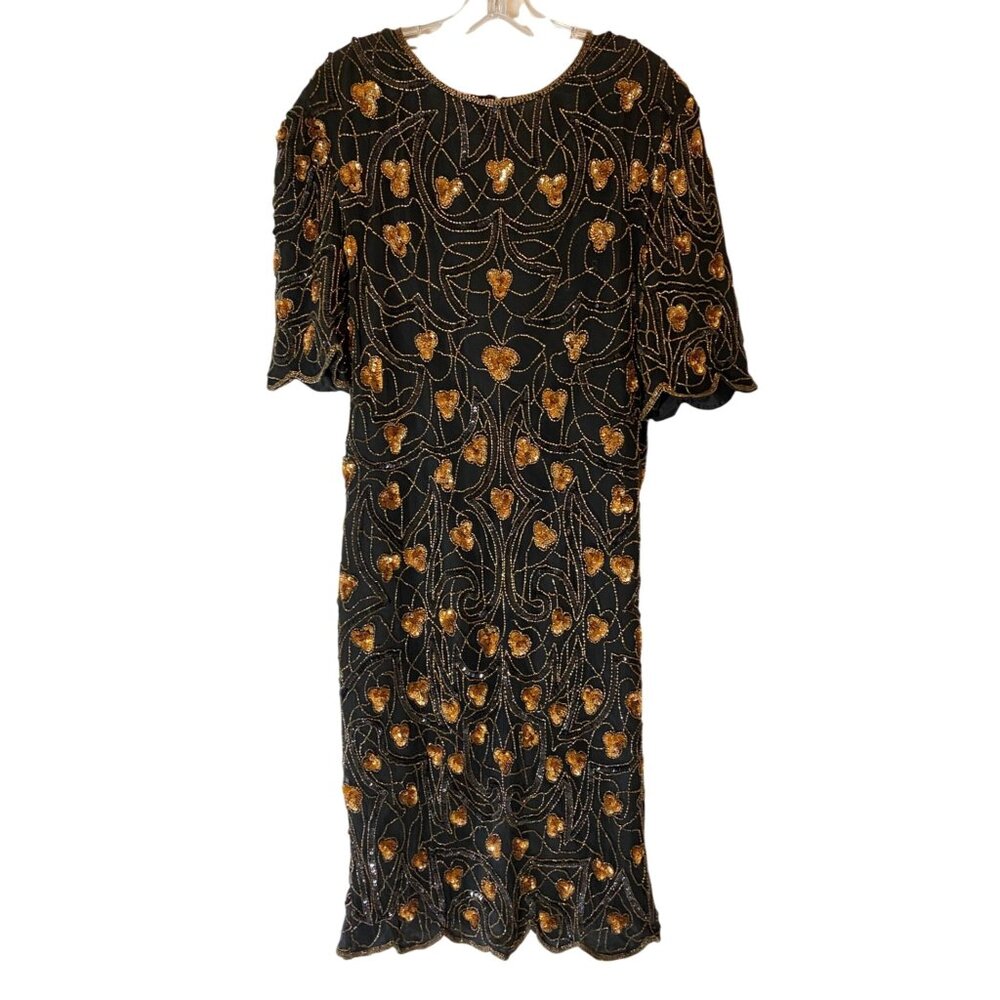 Vintage Carina By Barry Lee Beaded Silk Dress Black & Gold Art Deco Style 1X